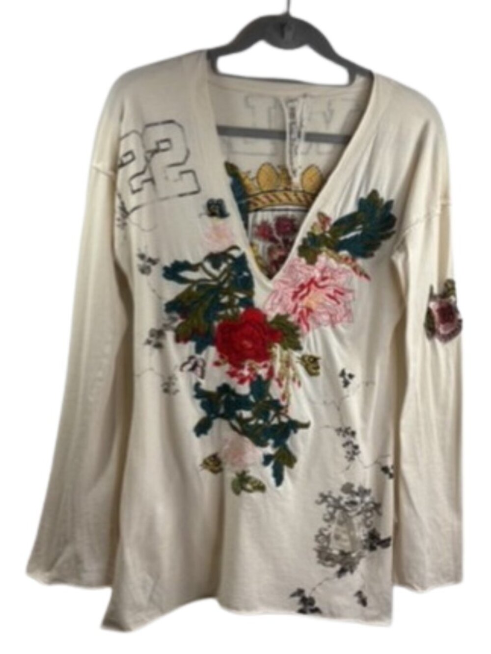 Johnny Was Cotton Long Sleeve V-Neck Floral Embroidered Top Size S